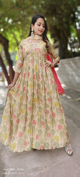 RFSS1612 -Elegant Beautiful Pure chinon Flower print embroidered stylish Aliya cut Gown with dupatta