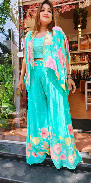 Partywear Dress in Pure Crepe. Comes with Digital Print Sharara, Crop Top, and Jacket Purple / 40 Partywear Dress in Pure Crepe. Comes with Digital Print Sharara, Crop Top, and Jacket Purple / 40