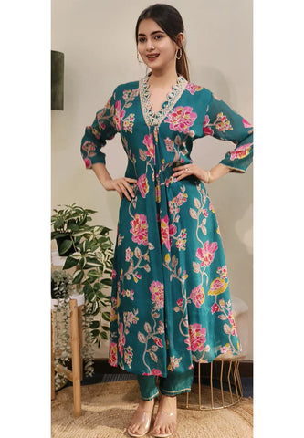 RFSS1732 - Pure Chinnon Digital Print Embroidered V-Neck  pleated kurta with Pants.