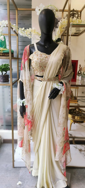 RFSS1707 - Stylish Partywear Readymade drape saree in Chinnon fabric. Comes with heavy embroidered blouse, belt, and digital print Organza jacket.