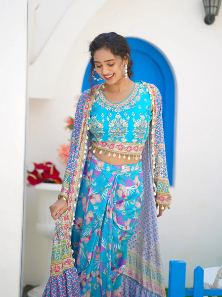 Partywear Dress in Pure Crepe Fabric. Comes with Dhoti Skirt, Crop Top, and Jacket Pink / 42 Partywear Dress in Pure Crepe Fabric. Comes with Dhoti Skirt, Crop Top, and Jacket Pink / 42