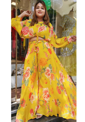 RFSS1726 - Stylish Partywear Sharara Crop Top set in Pure Chinnon Yellow Floral Digital Print.
