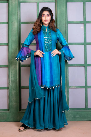 RFSS1734 - Pure Chinnon Partywear suit. Comes with Sharara and mirror work Kurta and Dupatta