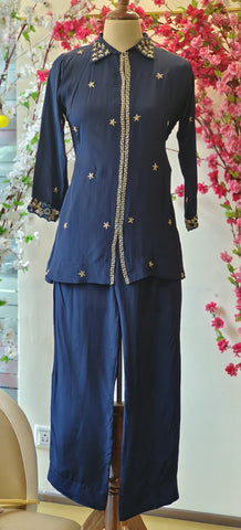 RFSS1740 - Pure Crepe co-ord set with Palazzo pants and Embroidered Shirt.