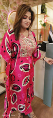 RFSS1762 - Pure Crepe Partywear kaftan in Dark Pink with heavy embroidery on yoke. Comes with straight pants