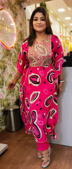 RFSS1762 - Pure Crepe Partywear kaftan in Dark Pink with heavy embroidery on yoke. Comes with straight pants