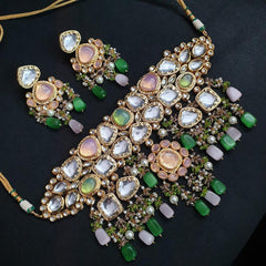JP533 - Heavy Bridal Kundan choker set with Green and pink stones. comes with Matching earrings.