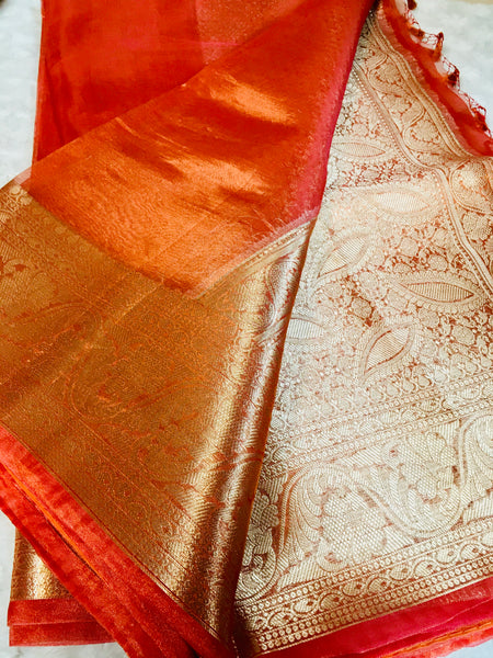 BKS 018 -  Pure Silk Tissue Banarasi  Sari with Gold Zari work. Comes with Unstitiched Blouse.