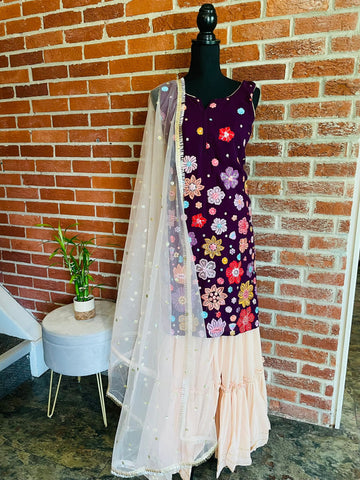 AMI102 - Party Wear Sharara Set with Purple Kurta and Peach Sharara. Has Heavy Embroidery work. Comes with Dupatta