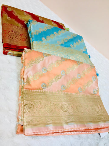 BKS 007 - Mashru Rangkat Banarasi saree with Gold Zari work. Comes with Unstitched Blouse.