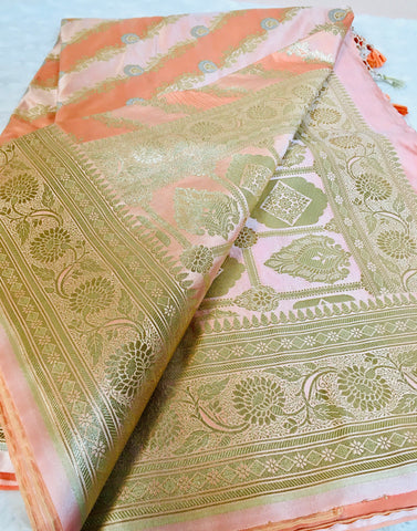 BKS 007 - Mashru Rangkat Banarasi saree with Gold Zari work. Comes with Unstitched Blouse.