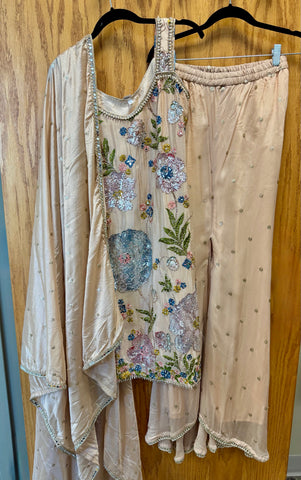 DPP008-Beige long kurti with sharara and dupatta and flower work