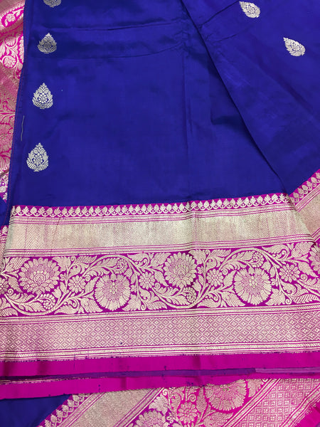 PURE BANARASI HANDLOOM KATAN SILK SAREE IN BLUE WITH PINK ZARI BORDER ...