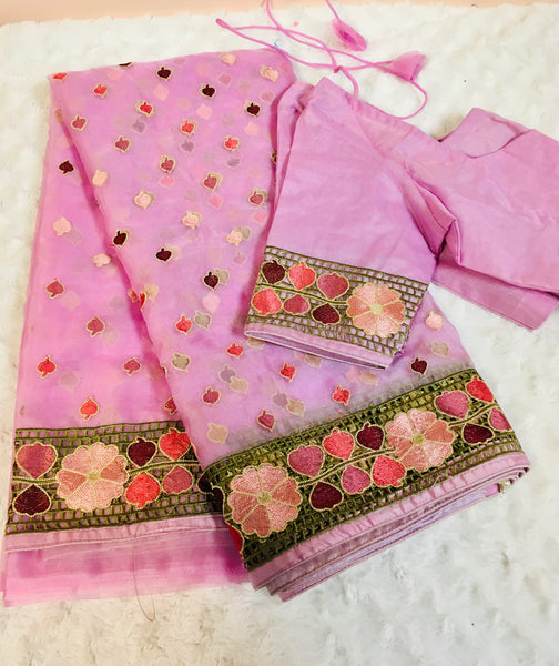 AK005 -Silk organza saree with all over cutwork hand with border. Comes with stitched blouse size 38, can be altered to size 42