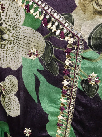 RBD056- Dark purple and green chinnon suit with dupatta.