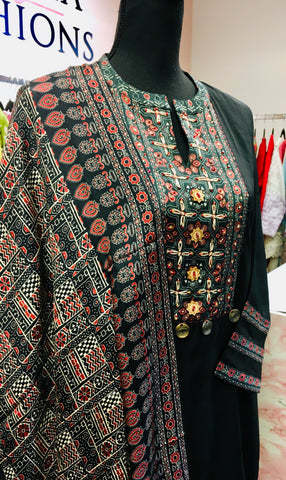 RFSS1725 - Crepe Silk Suit in Black with Ajrakh yoke, Pants, and Dupatta