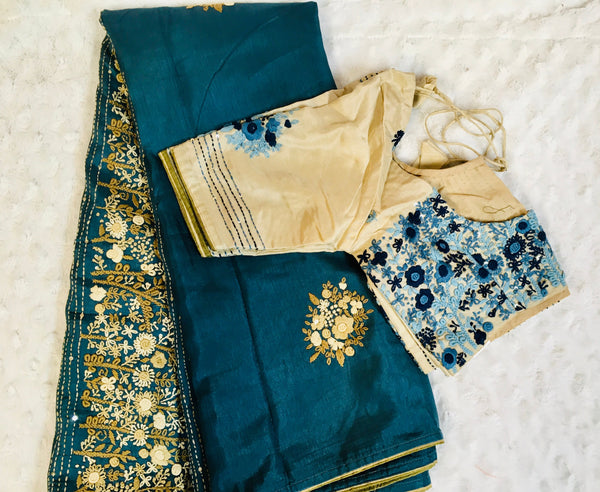AK001 - Pure Russian silk saree with french knot bullion work Pallu. Comes with Stitiched Blouse.