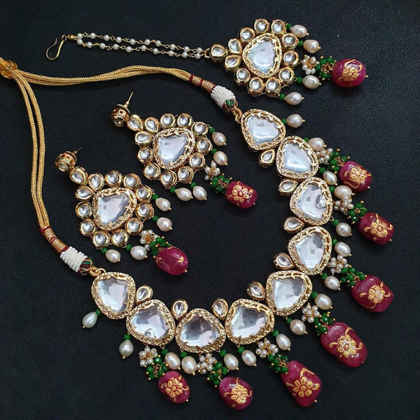 JP511 - Kundan necklace with meenakari stone and pearl work with matching earings Maangtika