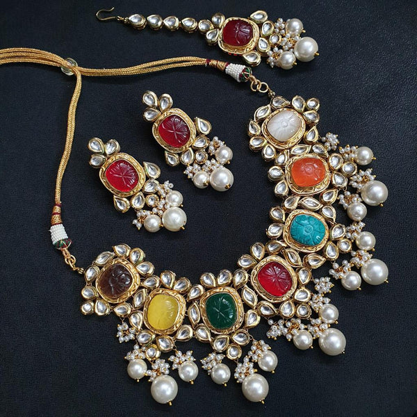 JP520 - Heavy Navratan kundan carved beads necklace with freshwater pearls. Comes with matching earings and Maangtika