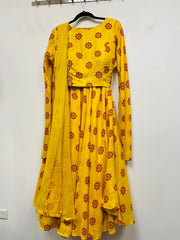 RFSS1016 - Muslin Silk Lehenga in Yellow with embroidery on Belt. Comes with Yellow Crop top and Dupatta.