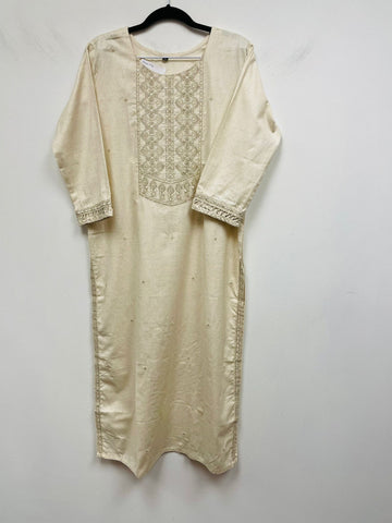 RFSS772 - Linen Khaadi Kurta in Off-white with Gold Threaded Embroidery on yoke