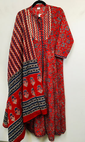 RBD002 - Red Kalamkari Layered Gown. Comes with Dupatta