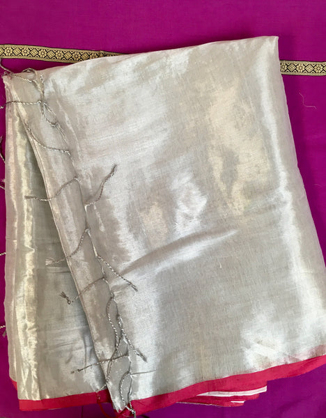 kSS213 - Pure Handloom Tissue  Saree in silver with silver zari Handloom Mark Certified.