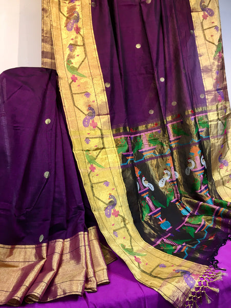KSS203 - Pure Handloom Mercerized Cotton Saree in Purple w/ Paithani Woven Borders and Pallu. Handloom Mark Certified.