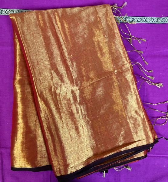 kSS212 - Pure Handloom Tissue  Saree in orange with gold zari Handloom Mark Certified.