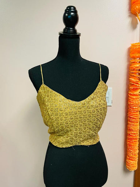 AMI153-Designer Gold Sequin Work Noodle Strap Blouse. Can be altered up to size 42