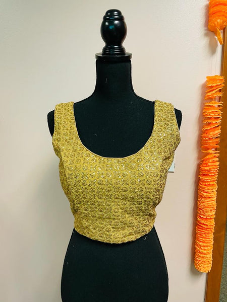 AMI156-Desginer Gold Sequin Work Sleeveless Blouse. Can be altered up to size 44