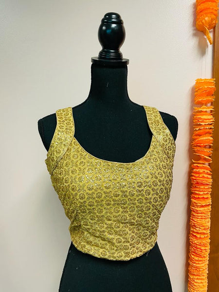 AMI157-Desginer Gold Sequin Work Sleeveless Blouse. Can be altered up to size 44