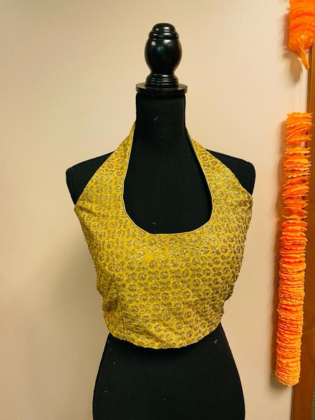 AMI158-Desginer Gold Sequin Work Halter Neck Sleeveless Blouse. Can be altered up to size 46