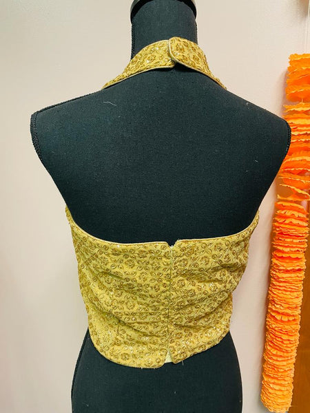 AMI158-Desginer Gold Sequin Work Halter Neck Sleeveless Blouse. Can be altered up to size 46