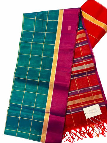 HPSC311 - Peacock Green Pure Handloom Silk Cotton Saree with Golden Checks. Magenta and Gold Border and Contrast Maroon Pallu