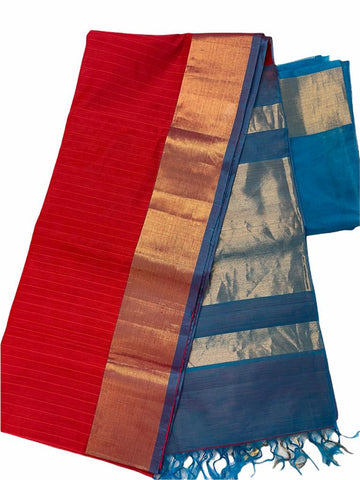 HPSC319 - Pinkish Red Pure Handloom Silk Cotton Saree with Blue Border and Pallu