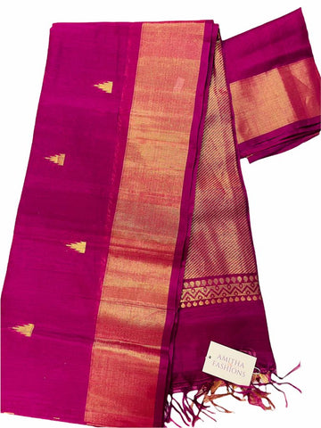HPSC322 - Purple Pure Handloom Silk Cotton Saree with Temple Buttas, Zari Border and Pallu