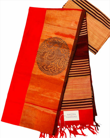 HPSC324 - Bright Red Pure Handloom Silk Cotton Saree with Yali Motifs on Zari Border and Maroon Striped Pallu
