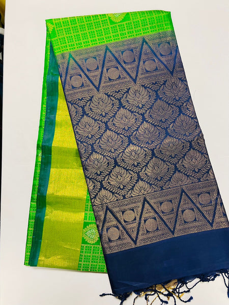 Pure Kanjivaram Handloom Soft Silk saree w/ Zari checks. Comes with Contrast Dark Blue Zari Pallu and Dark Blue Blouse (stitched). Fall Peco done.