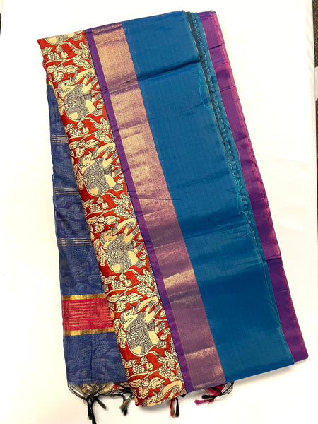 Pure Handloom Silk Cotton Kalamkari Saree in Red & Beige. Has Purple Blue border & Blue Pallu. Comes w/ Matching Blouse piece