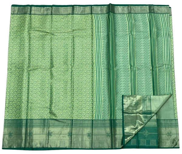 HPSS602 - Banarasi Soft Silk Saree in Lime Green with Bottle Green Border. Comes with stitched blouse (size 38, can go up to size 42). Fall Peco Done.