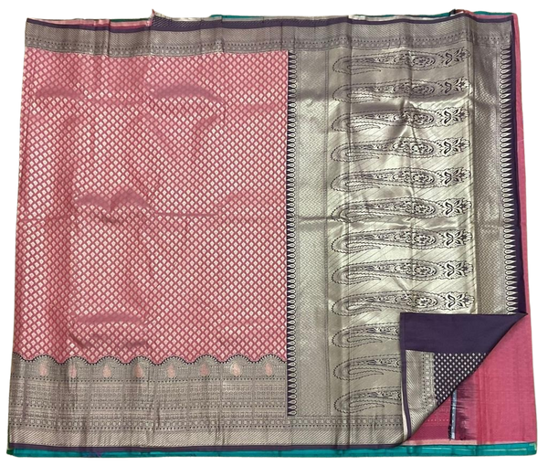 HPSS605 - Banarasi Soft Silk Saree in Pink with Zari Butti all over saree and purple Zari Border. Comes with stitched blouse (size 38, can go up to size 42). Fall Peco Done.