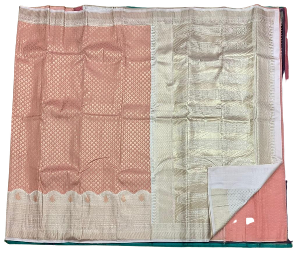 HPSS607 - Banarasi Soft Silk Saree in Light Pink with Zari Butti all over saree and Silver Border. Comes with stitched blouse (size 38, can go up to size 42). Fall Peco Done.