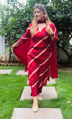 RFSS1304 - Muslin Suit With Gota Embroiderey In Maroonish Red. Comes With Pants With Dupatta