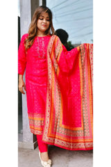 RFSS1303 - Muslin Suit With Embroiderey In Orangish Red. Comes With Pants With Dupatta