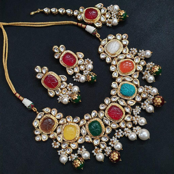 JP521 - Heavy Navratan Kundan Carved Beads Neckalce with fresh water pearls. comes with matching earrings and maang tika.