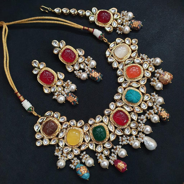 JP522 - Heavy Navratan Kundan Carved Beads Necklace with fresh water pearls. comes with matching earrings and maang tika.gs