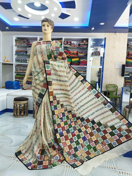 KSN102 - Pure Silk Kantha Tusser Saree in Off-white w/ patch-work design. Fall Peco Ready. Comes w/ stitched Blouse