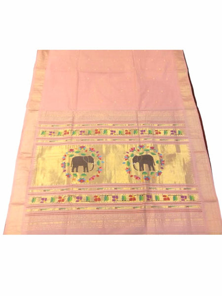 PSS15 - Beautiful Handwoven Cotton Baby Pink Paithani Saree with Elephant and Lotus motif on Pallu