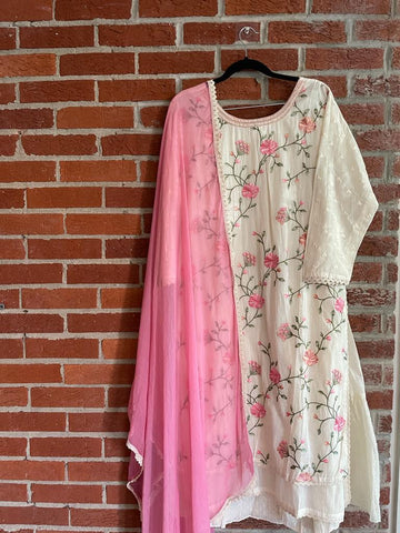 RFSS1153 - Full Suit in Soft Khadi Cotton. Has Multi-colored Thread embroidery on Kurta. Comes with Off-white Gharara and Pure Chiffon Pink Dupatta